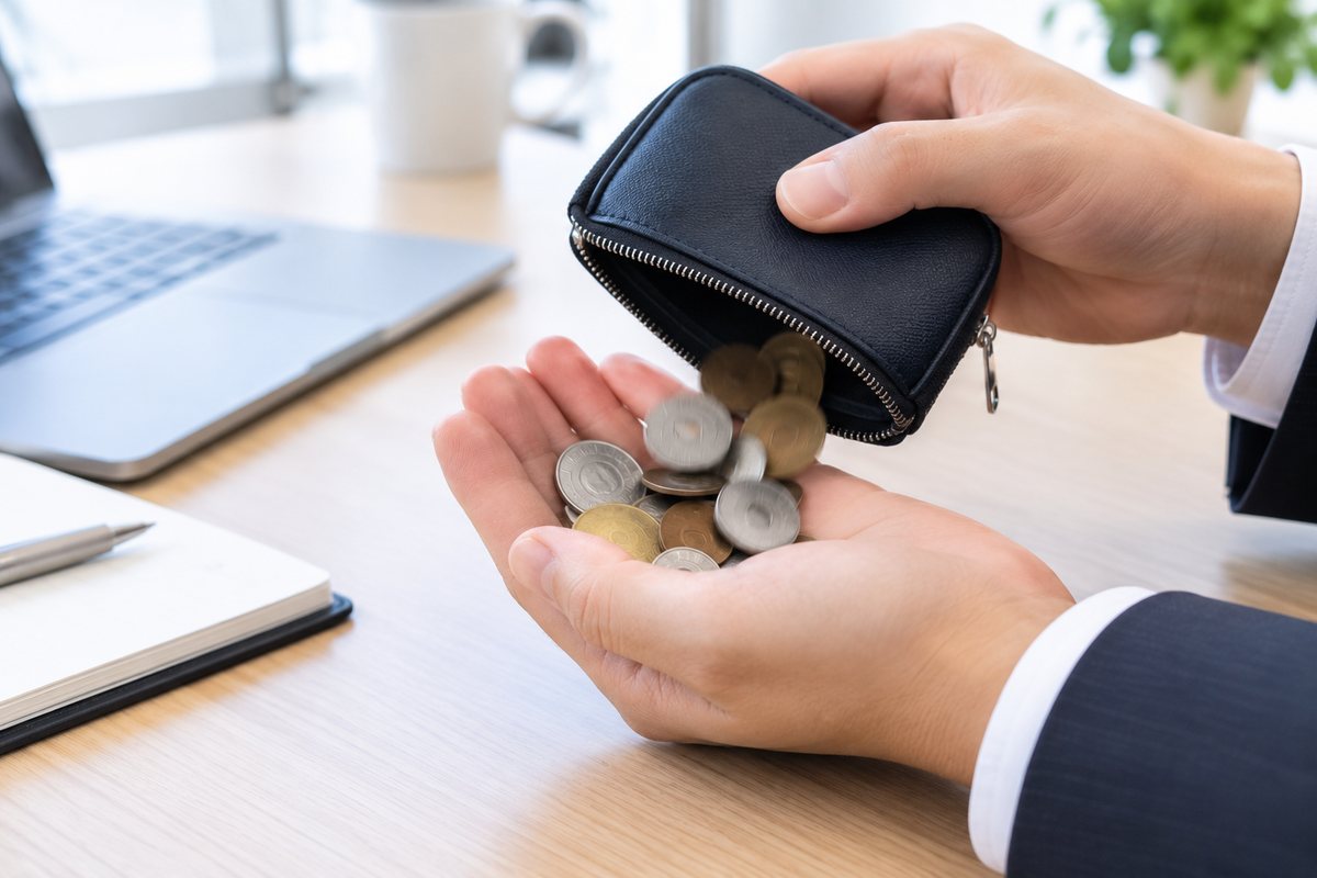 小銭入れから手のひらに出した硬貨