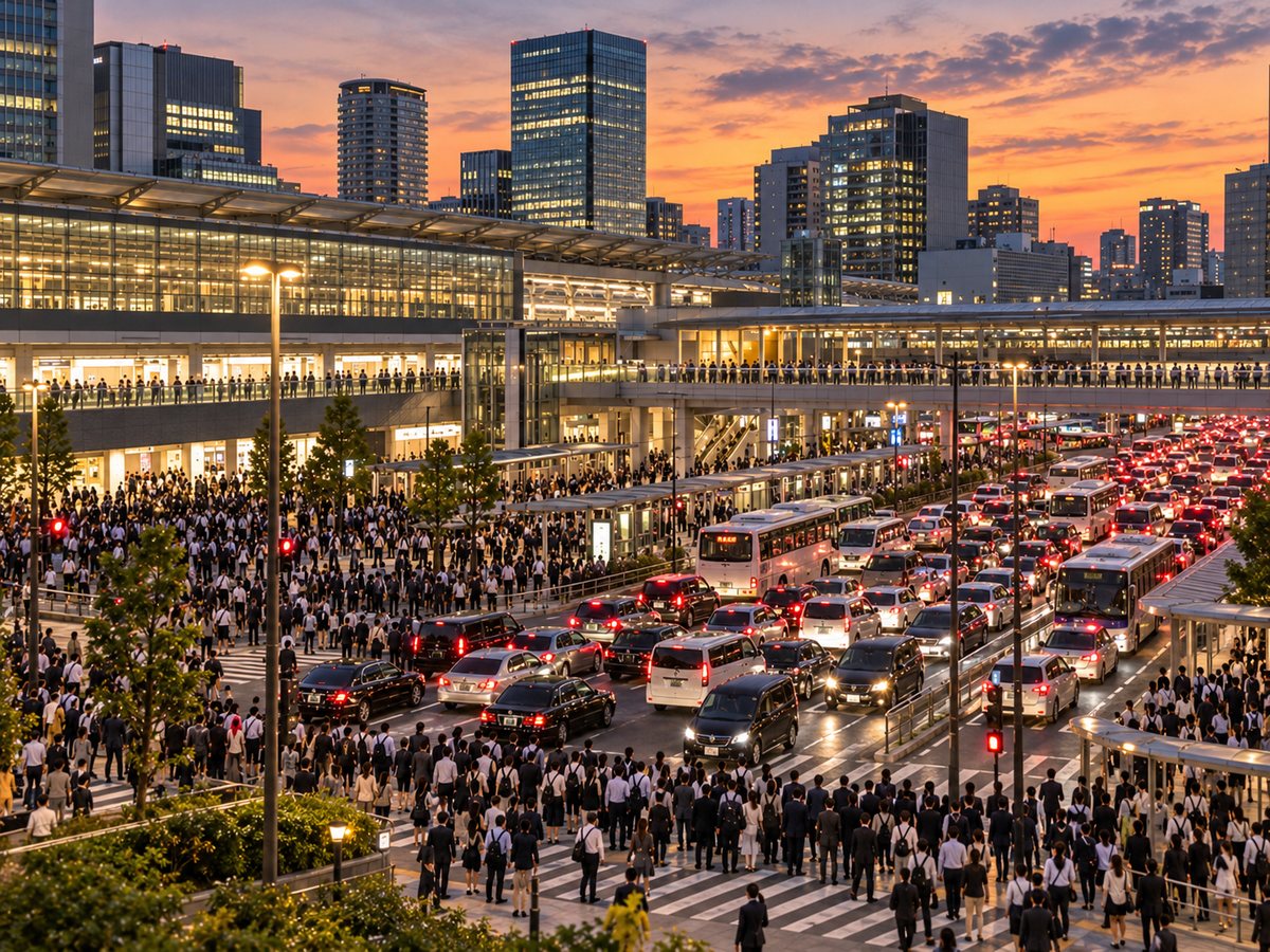 帰宅する人で混み合う駅前の交差点