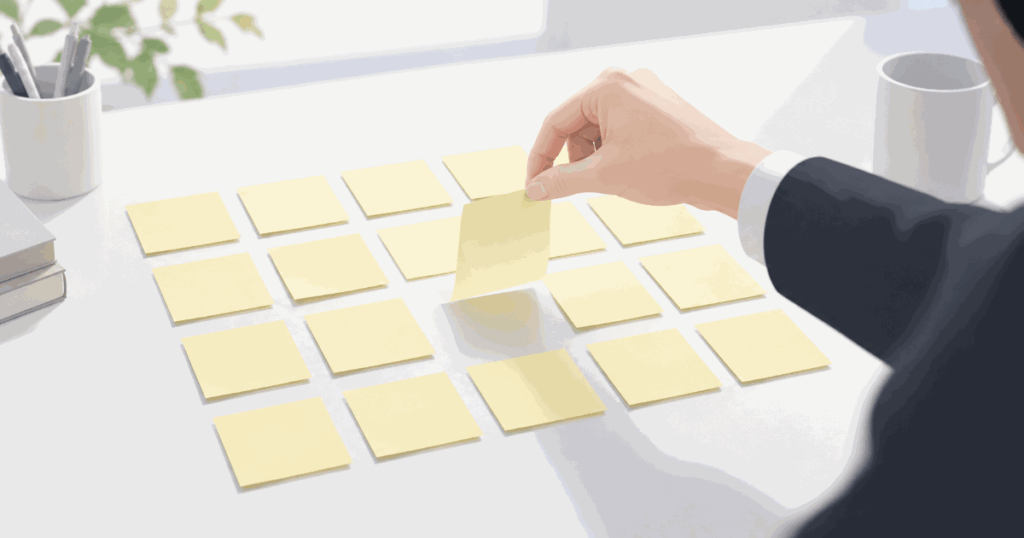 白い机の上に、何も書かれていない黄色い付箋が4列に並べて貼られている。スーツの人の手が、そのうちの1枚だけをつまんで持ち上げている。奥にマグカップと本。