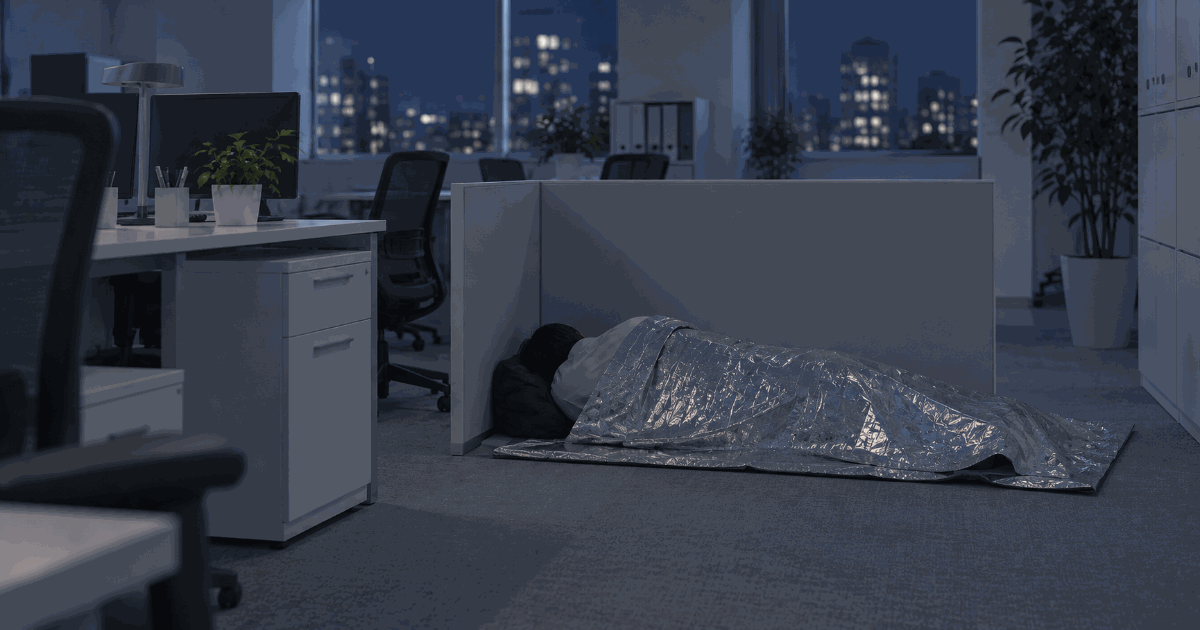 夜のオフィスの床。デスクの横に低い間仕切りの板を立て、その内側で人が銀色の保温シートをかけて横になっている。顔は見えない。窓の外に街の明かり。