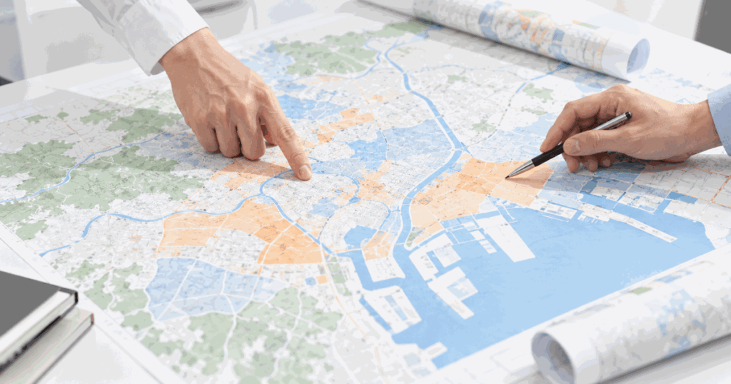 机にひろげた大きな地図。水色と橙色で区域が塗り分けられている。左の手が一点を指さし、右の手はペンで別の場所を指している。奥に丸めた地図。