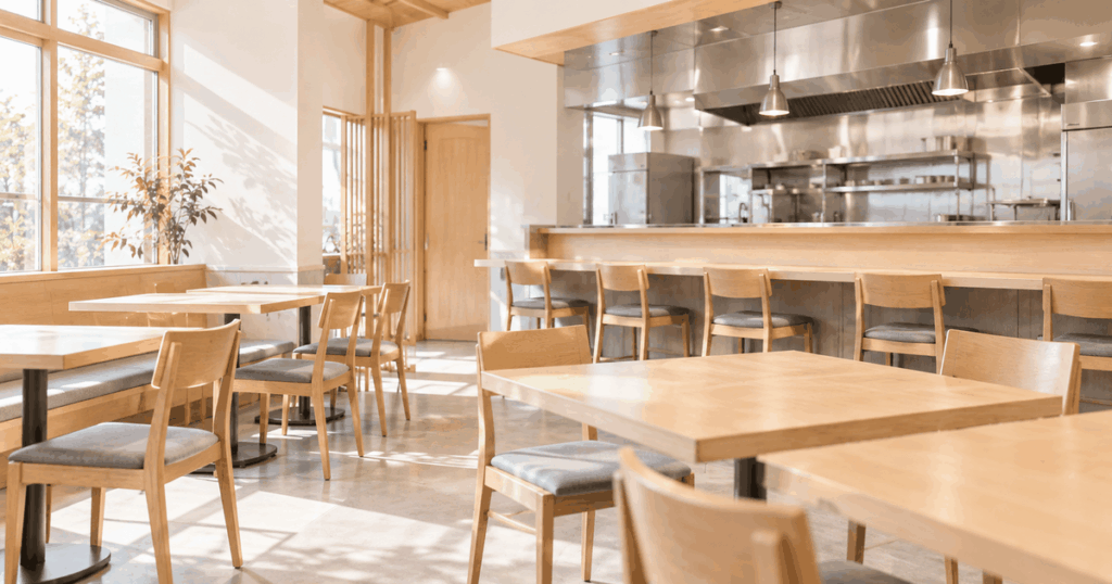 明るい飲食店の店内。手前に木のテーブルと、灰色の座面の木の椅子が並んでいて、テーブルの上には何も載っていない。奥のカウンター越しに、ステンレスの厨房と吊り下げの照明が見える。左の大きな窓から日が差している。