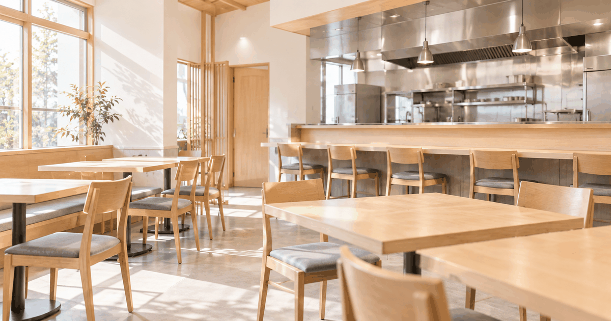 明るい飲食店の店内。手前に木のテーブルと、灰色の座面の木の椅子が並んでいて、テーブルの上には何も載っていない。奥のカウンター越しに、ステンレスの厨房と吊り下げの照明が見える。左の大きな窓から日が差している。