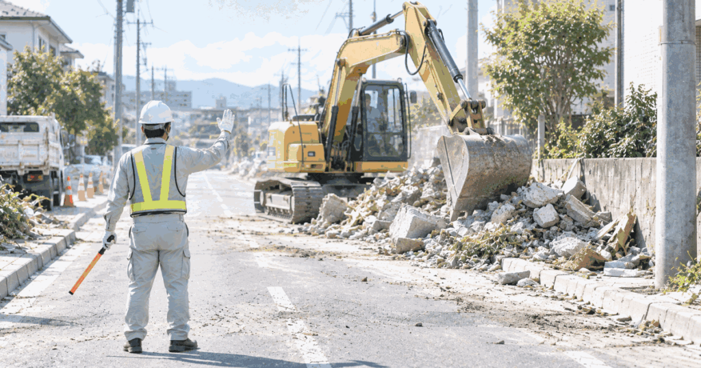 災害のあとの道路。手前に白いヘルメットと黄緑の安全ベストの人が後ろ姿で立ち、片手を上げて合図している。奥で黄色い重機ががれきをすくっている。