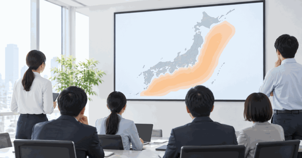 会議室。正面の大画面に日本列島の地図が映り、太平洋側の海域が橙色に塗られている。画面の前に2人が立ち、机に着いた人たちが後ろ姿で見ている。