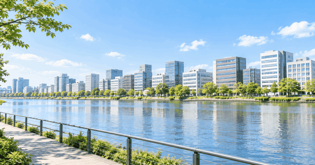 晴れた日の、幅の広い川と対岸の街並み。川沿いに木が並び、その奥に中くらいの高さのオフィスビルが立ち並んでいる。手前には手すりのある川沿いの遊歩道と植え込みがある。
