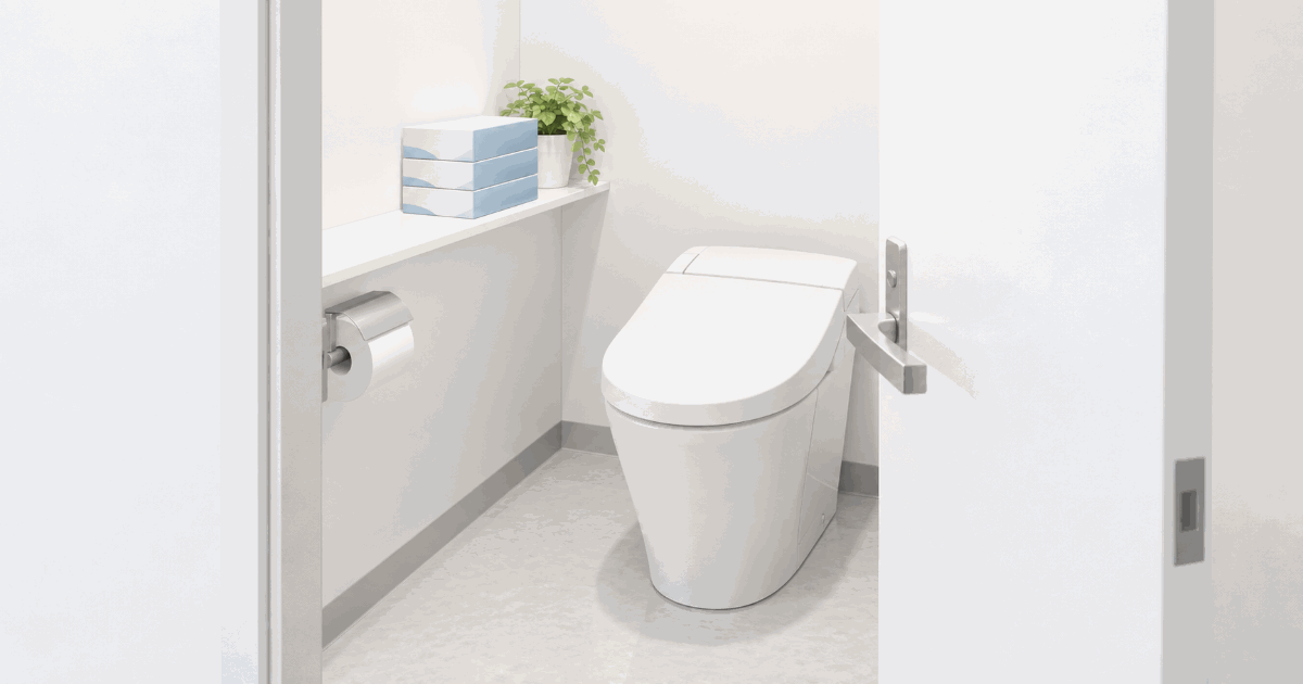 オフィスのトイレの個室。扉が開いていて、便器の横の棚に、水色の帯が入った白い箱が3つ重ねて置かれている。棚の下にトイレットペーパー、奥に観葉植物。